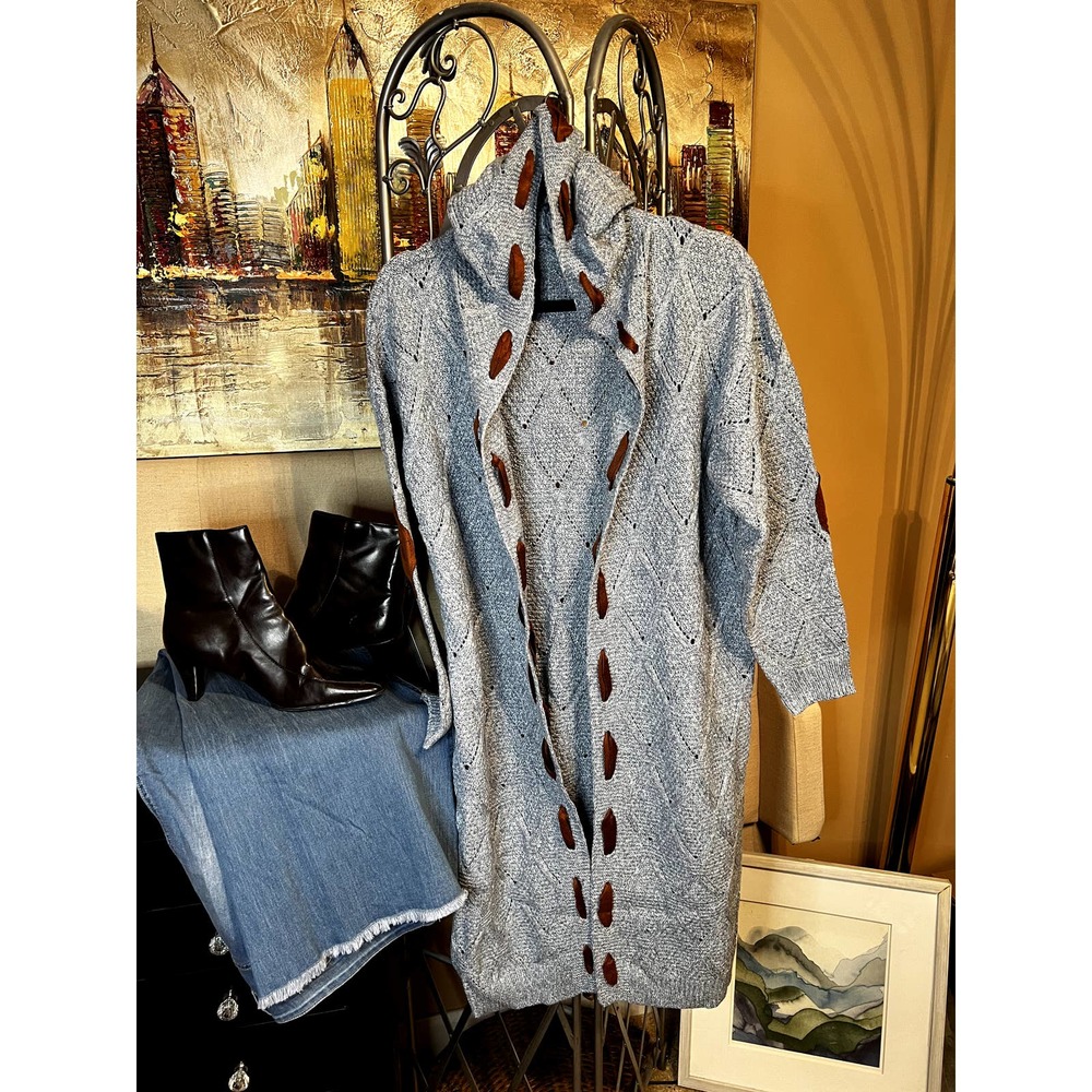 Beautiful long blue hooded cardigan with brown suede trim, NWOT, sz XL